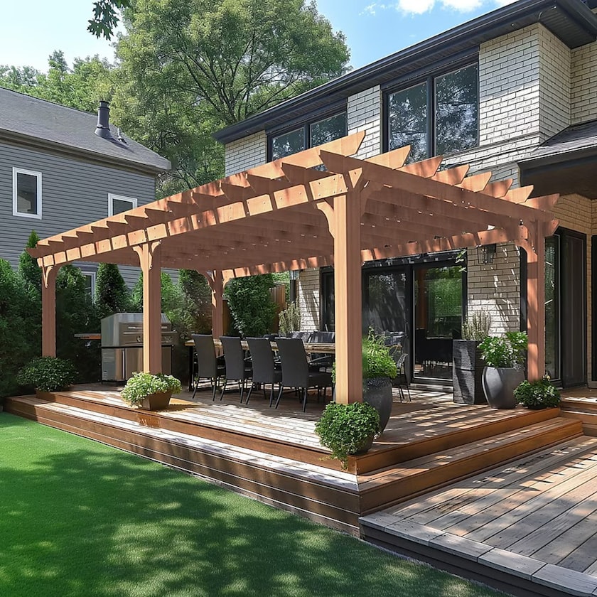 Dřevěná pergola s posezením u rodinného domu